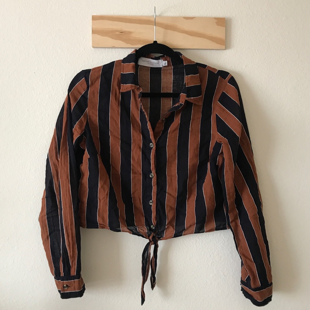 Tan & Blue Stripe Long Sleeves Crop Top